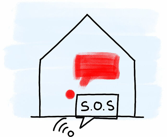 Hausnotruf Zeichnung mit Haus und SOS